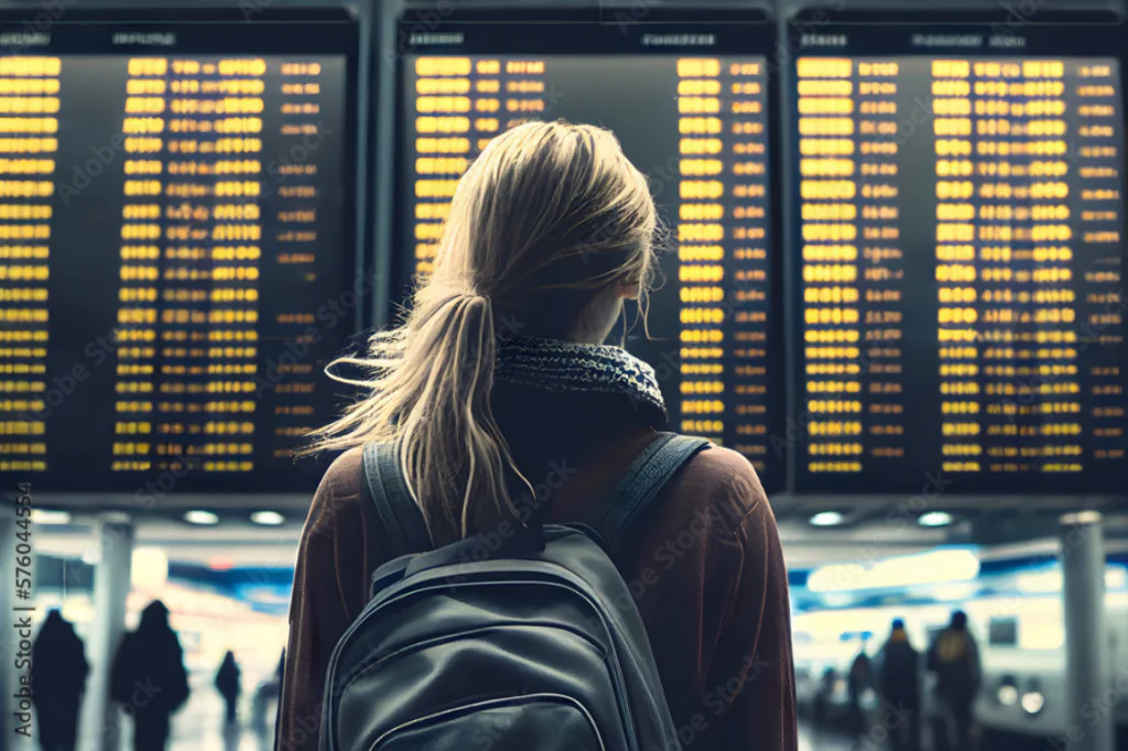 jeune fille regardant un tableau de vols dans un aéroport